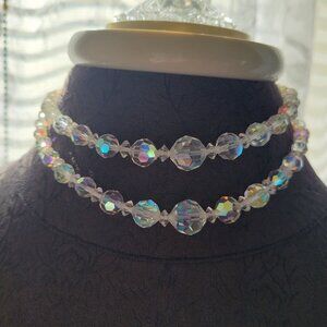 Vintage Aurora Borealis Crystal Beaded Double-Strand Necklace With Silver-Tone C